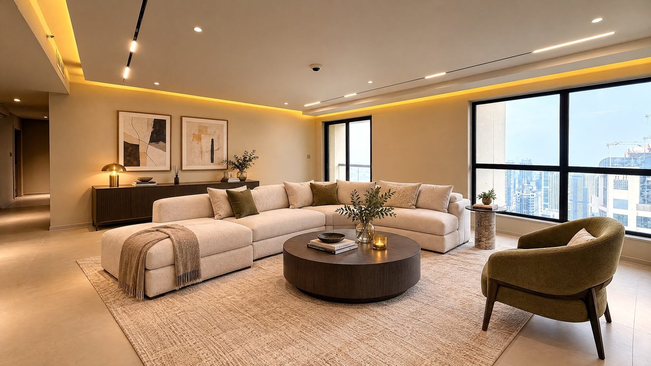 The same reception room, virtually staged